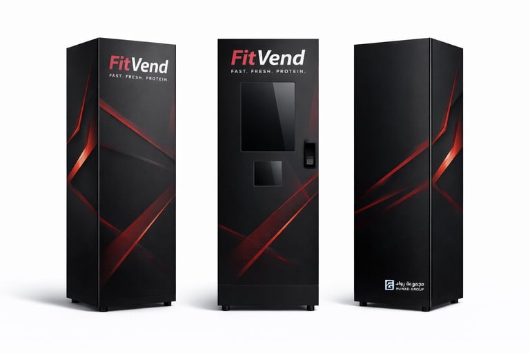 Three black FitVend vending machines with red diagonal design elements and product windows