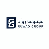 Ruwad Group logo featuring a stylized letter R in a dark blue square with Arabic and English text