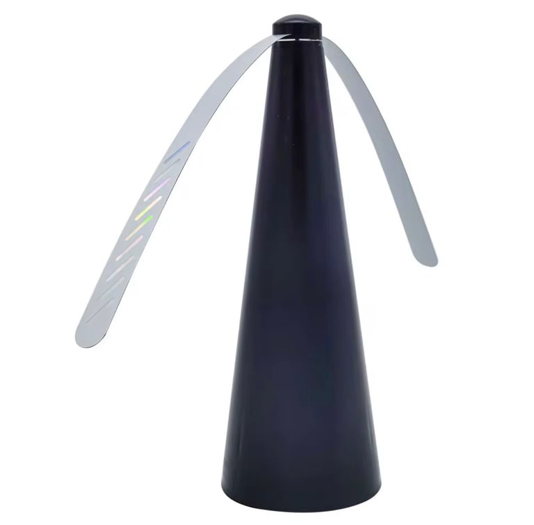Black cone-shaped stand with two gray ribbon-like arms extending from the top on a white background
